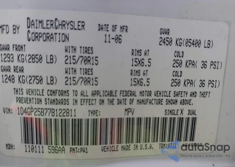 2007 Dodge Caravan Se из США, поврежденный, VIN 1D4GP25B77B122811